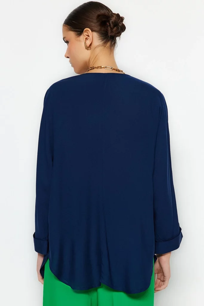 Navy Blue Wide Fit V-Neck Woven Blouse