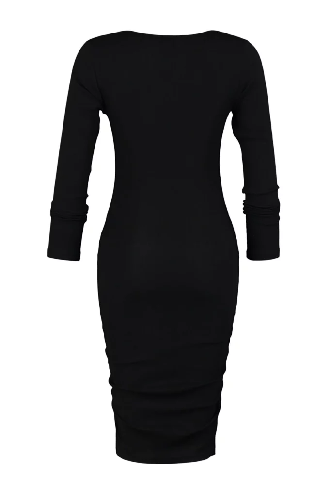 Black Button Detailed Fitted Square Neck Mini Ribbed Stretchy Knitted Dress