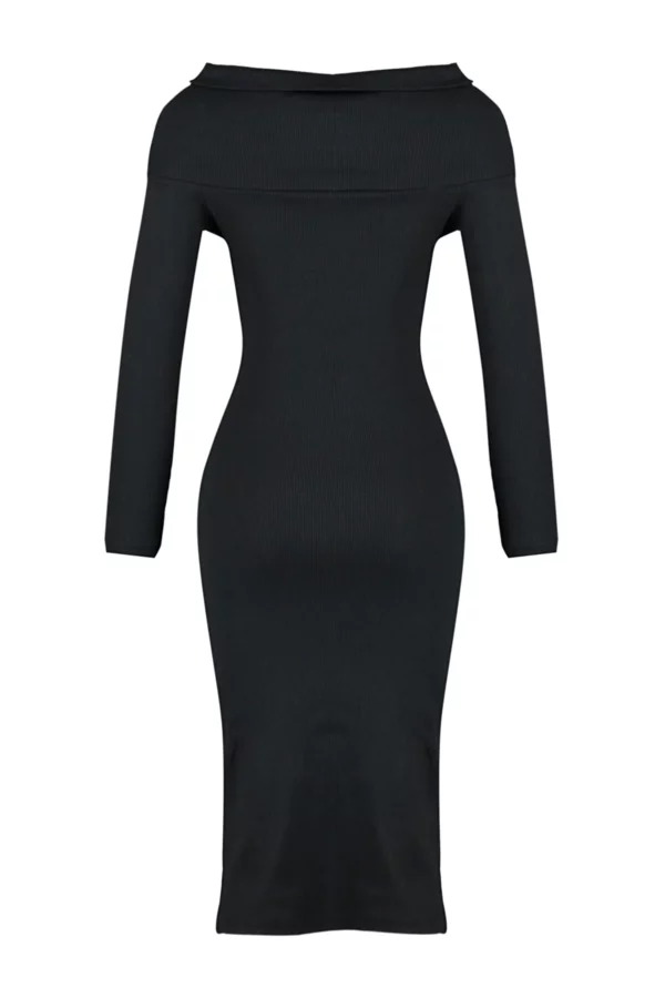 Black Fitted Carmen Neck Midi Ribbed Stretchy Knitted Dress