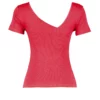 Red Fitted Asymmetrical Collar Ribbed Cotton Stretchy Knitted Blouse