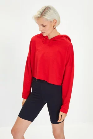 Red Crop Hooded Thin Knitted Sweatshirt