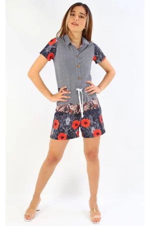 PATTERNED SHIRT COLLAR JUMPSUIT WITH SHORTS (B19-1510)