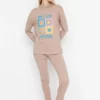 Beige Hooded Printed Knitted Pajama Set