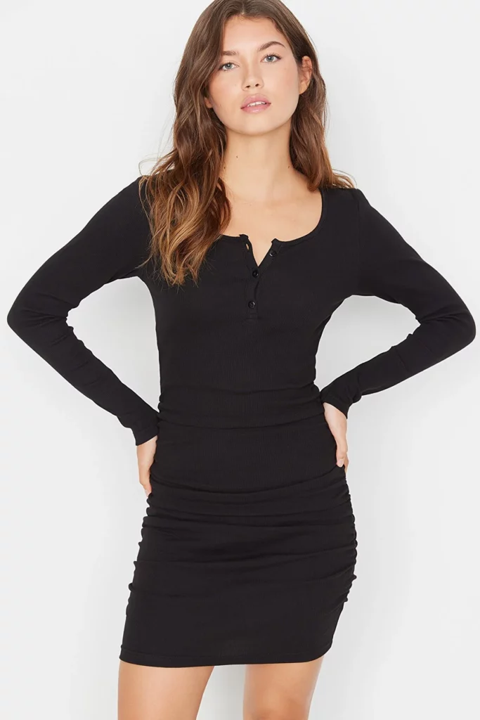 Black Button Detailed Fitted Square Neck Mini Ribbed Stretchy Knitted Dress