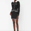 Black Contrast Stripe Detailed Fitted High Waist Mini Smart Knitted Skirt