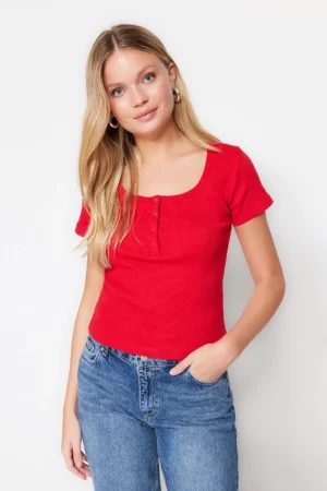 Red Snap Fastener Detailed Fitted Pool Neck Ribbed Stretchy Knitted Blouse