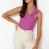 Purple Zippered Fitted Polo Neck Ribbed Stretchy Knitted Blouse