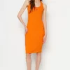 Orange Halter Neck Button Detailed Fitted Ribbed Flexible Midi Knitted Dresses