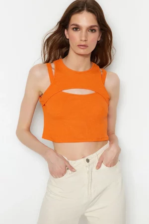 Orange Cut Out Detailed Crop Ribbed Stretchy Knitted Blouse