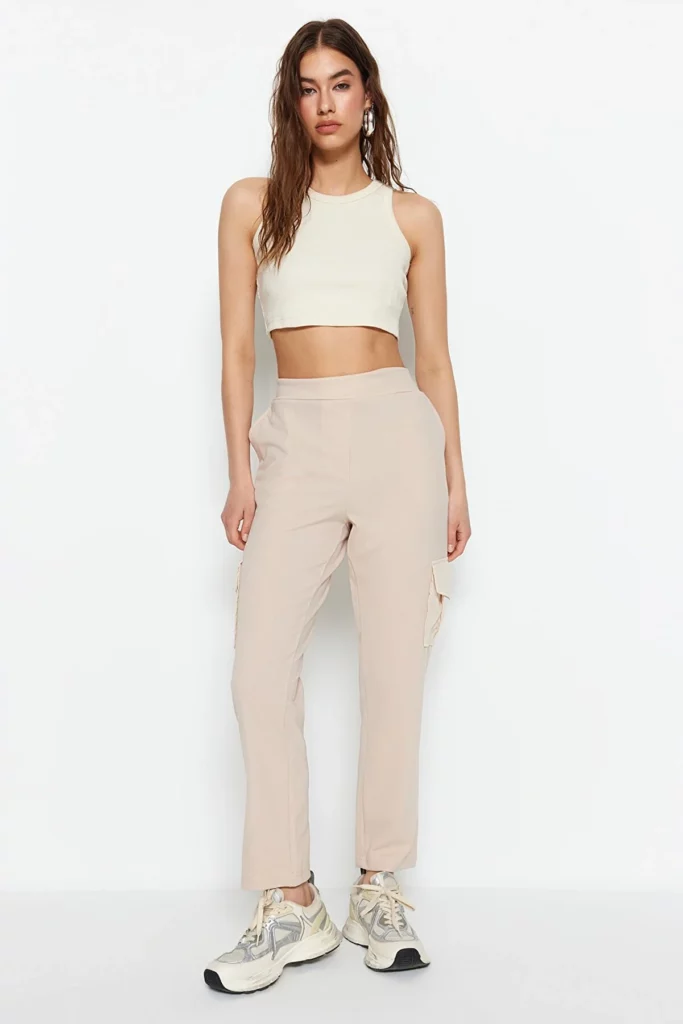 Beige Parachute Cargo Pocket Detailed High Waist Crepe Smart Knitted Trousers