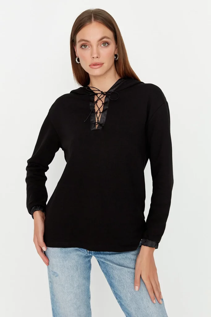 Black Basic Thick Knitted Sweatshirt with Tie Detail