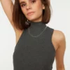 Anthracite Fitted High Collar Ribbed Flexible Knitted Blouse