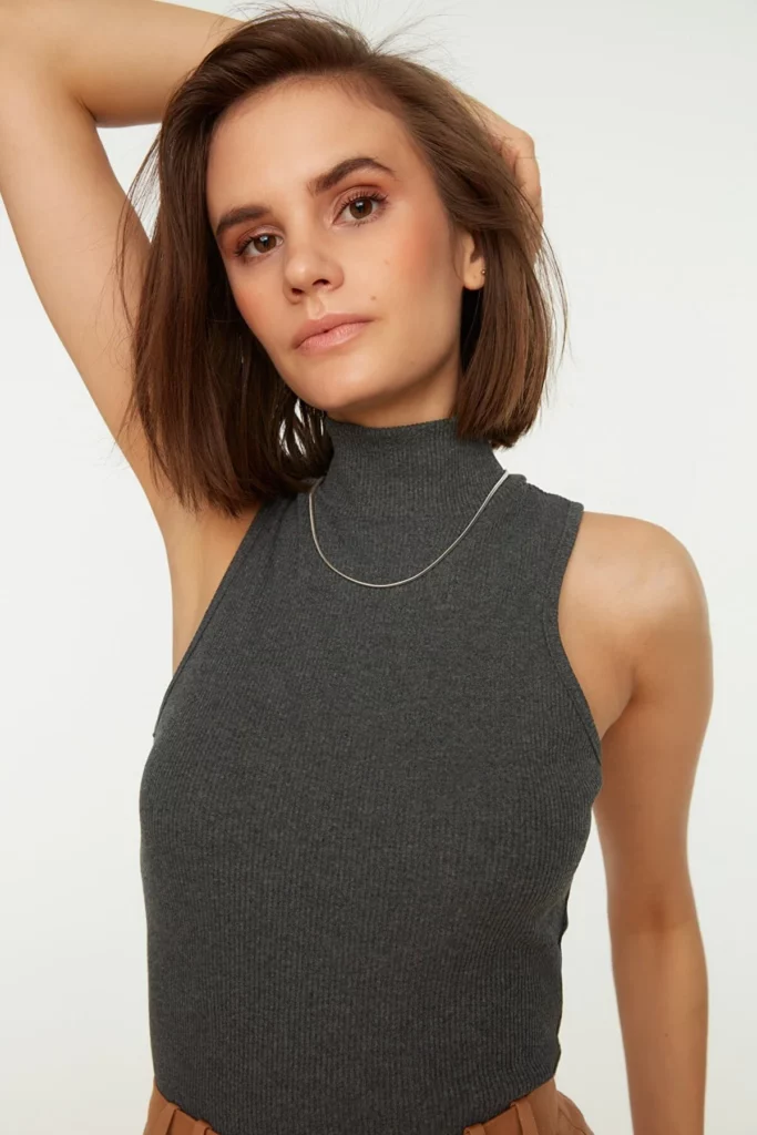 Anthracite Fitted High Collar Ribbed Flexible Knitted Blouse