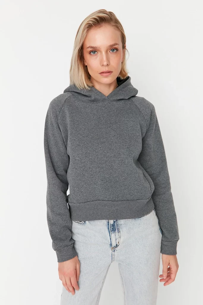 Anthracite Hooded Basic Thick Inside Fleece Knitted Sweatshirt