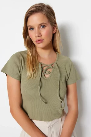 Oil Green Tie Detailed Corded Crop Knitted Blouse