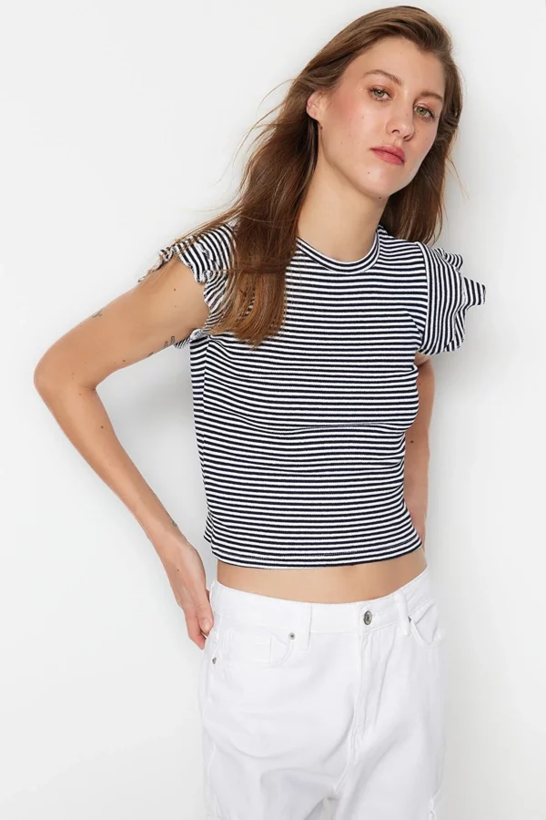 Navy Blue Striped Flounce Fitted Crew Neck Crop Ribbed Knitted Blouse