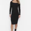 Black Collar Detailed Midi Ribbed Knitted Dress
