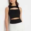 Black Cut Out Detailed Fitted Crew Neck Crop Stretchy Knitted Blouse