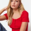 Red Snap Fastener Detailed Fitted Pool Neck Ribbed Stretchy Knitted Blouse