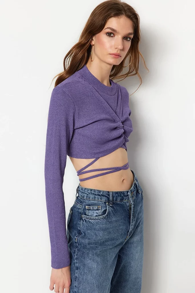 Purple Tie Detailed Fitted Crop Ribbed Stretchy Knitted Blouse