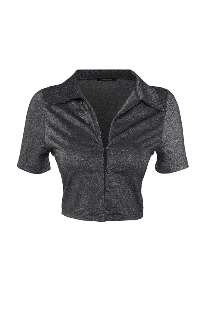 Anthracite Lurex Fitted Polo Neck Stretchy Knitted Blouse