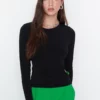 Black Cut Out Detailed Fitted Stretchy Knitted Blouse