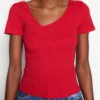Red Fitted Asymmetrical Collar Ribbed Cotton Stretchy Knitted Blouse