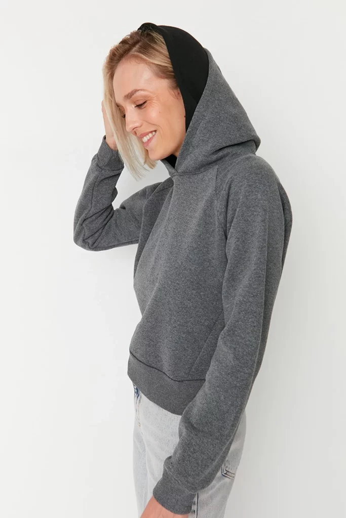Anthracite Hooded Basic Thick Inside Fleece Knitted Sweatshirt