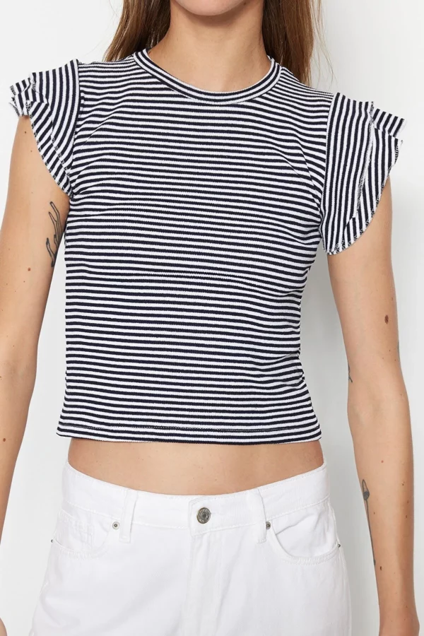 Navy Blue Striped Flounce Fitted Crew Neck Crop Ribbed Knitted Blouse