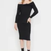 Black Fitted Carmen Neck Midi Ribbed Stretchy Knitted Dress