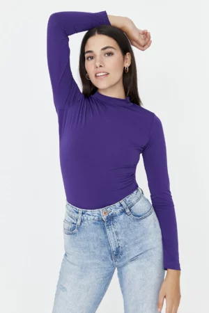 Purple Back Detailed Fitted High Collar Flexible Knitted Blouse