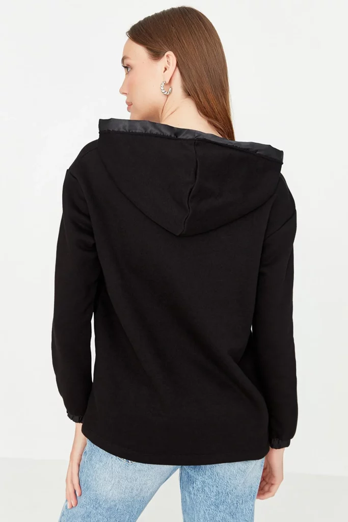 Black Basic Thick Knitted Sweatshirt with Tie Detail