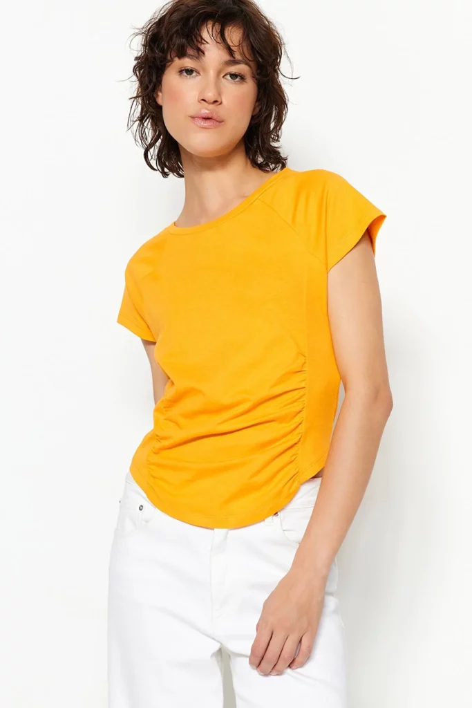 Orange More Sustainable 100% Organic Cotton Basic Knitted T-Shirt with Gather Detail