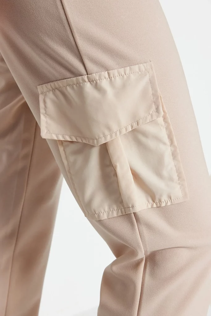 Beige Parachute Cargo Pocket Detailed High Waist Crepe Smart Knitted Trousers