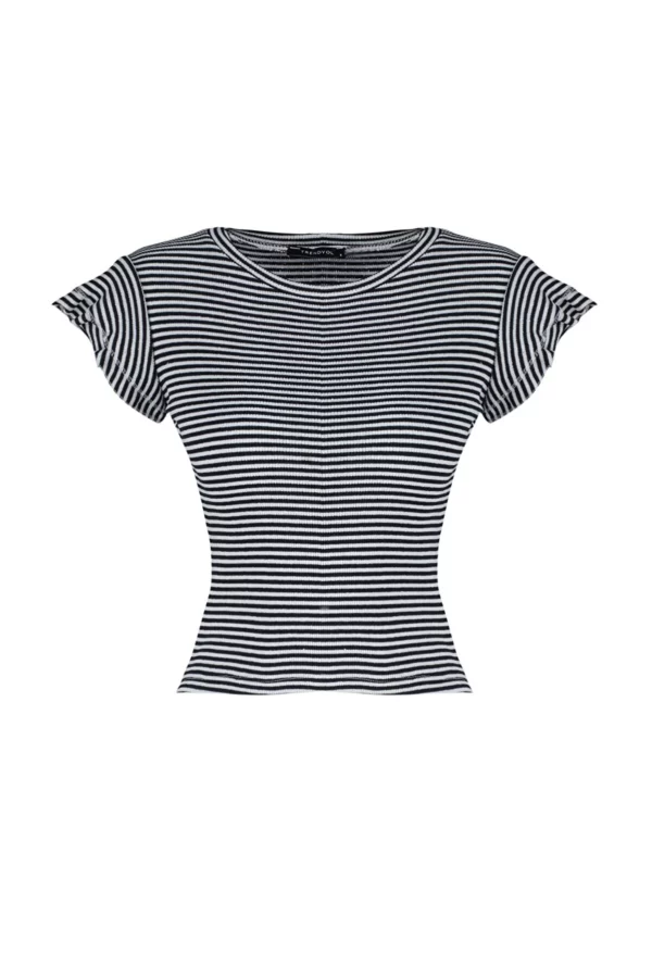 Ethio Shop Navy Blue Striped Flounce Fitted Crew Neck Crop Ribbed Knitted Blouse