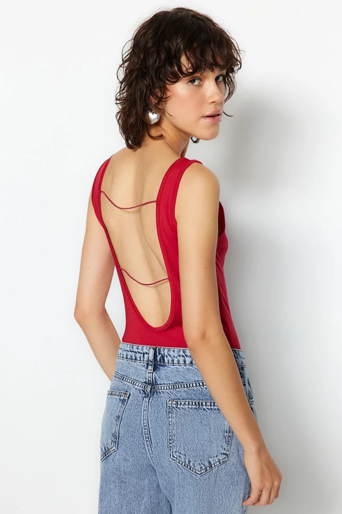 Red Pool Neck Low Back Flexible Snap Fastener Knitted Body