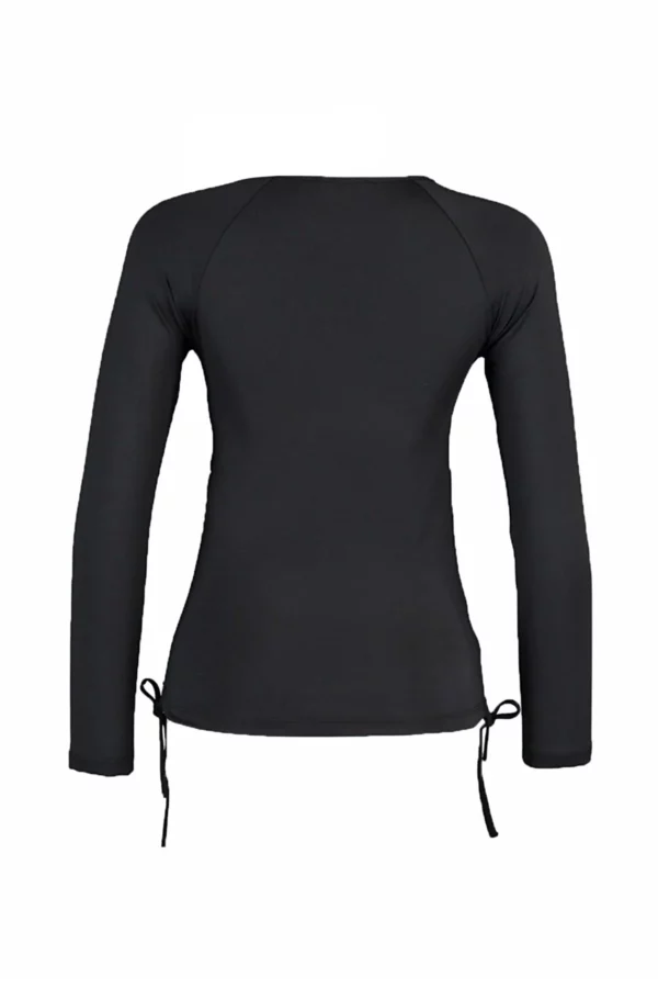 Black Scuba/Diver Sports Blouse with Side Ruffle Detail and Crew Neck