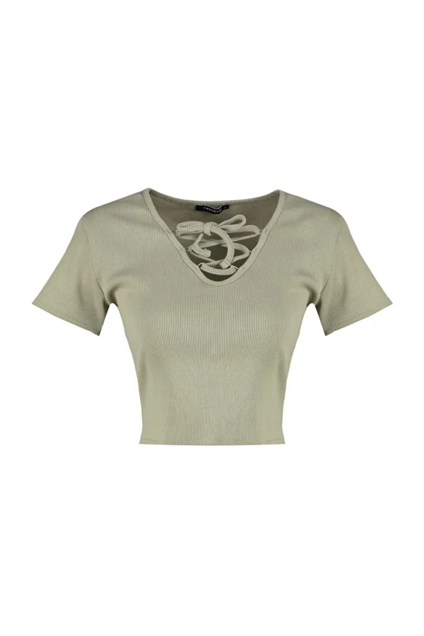 Oil Green Tie Detailed Corded Crop Knitted Blouse