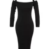 Black Collar Detailed Midi Ribbed Knitted Dress