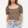 Ethio Shop Mink Crop Fitted Square Neck Balloon Sleeve Twist Knitted Blouse