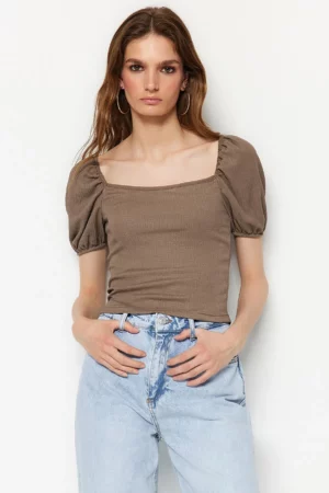Ethio Shop Mink Crop Fitted Square Neck Balloon Sleeve Twist Knitted Blouse