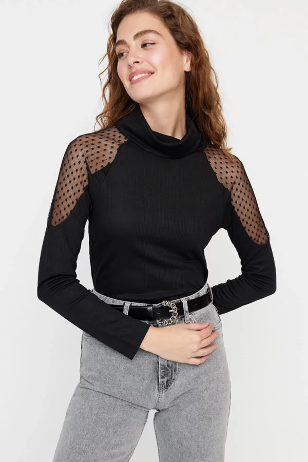 Ethio Shop LA Black Tulle Detailed Fitted Turtleneck Ribbed Stretchy Knitted Blouse