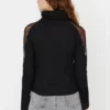Ethio Shop LA Black Tulle Detailed Fitted Turtleneck Ribbed Stretchy Knitted Blouse