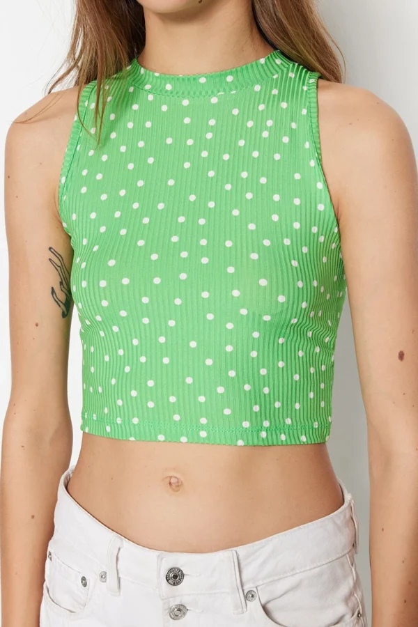 Ethio Shop Green Polka Dot Printed Halter Neck Fitted Crop Stretchy Knitted Blouse