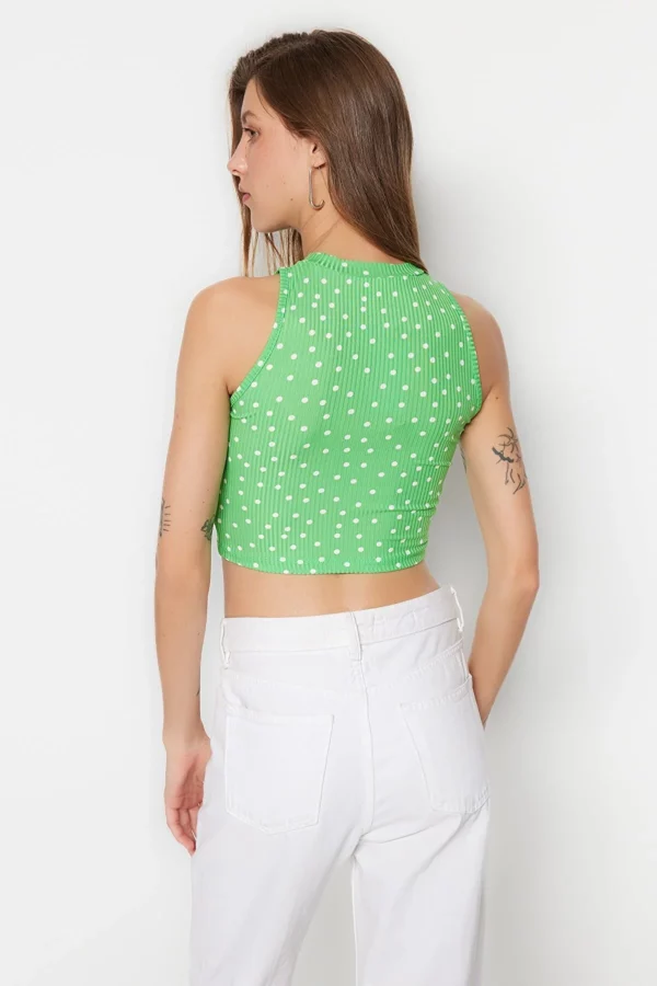 Ethio Shop Green Polka Dot Printed Halter Neck Fitted Crop Stretchy Knitted Blouse