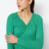 Green Gather Detailed Textured V-Neck Knitted Blouse