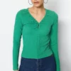 Ethio Shop Green Gather Detailed Textured V-Neck Knitted Blouse