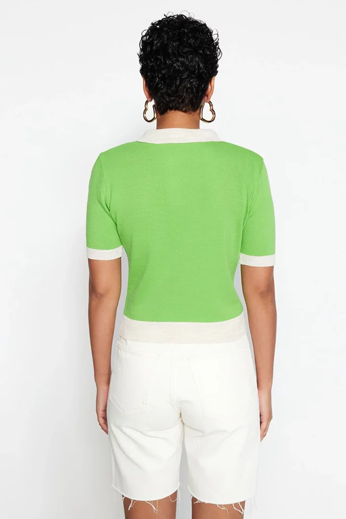 Ethio Shop Green Color Block Polo Neck Knitwear Blouse