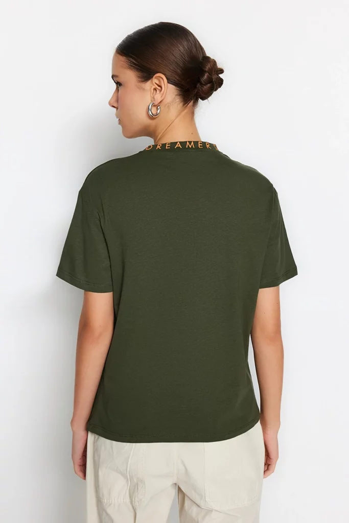 Ethio Shop Green 100% Cotton Slogan Printed Basic Stand Collar Knitted T-Shirt