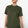 Green 100% Cotton Slogan Printed Basic Stand Collar Knitted T-Shirt